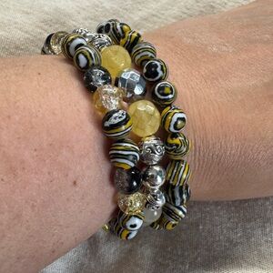 Yellow Colorful Malachite Stone and Glass Beaded Bracelet Set